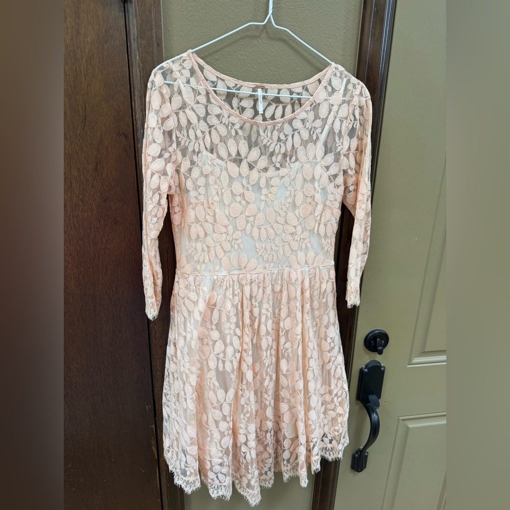 Free People Peach Lace Midi Dress with Floral Overlay